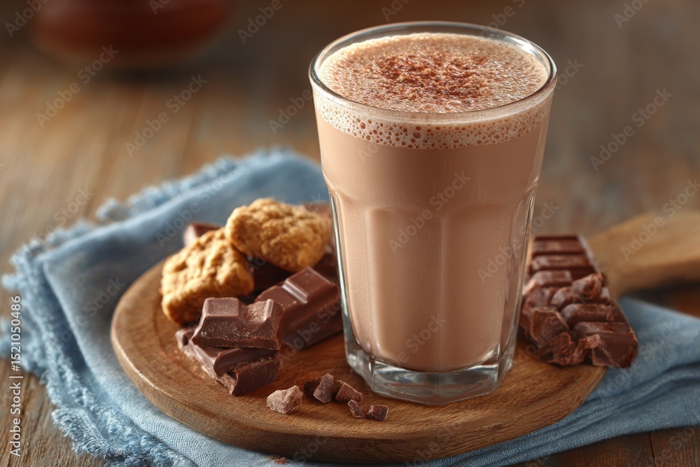Aufkleber warm chocolate beverage served with cookies and chocolate on a wooden board in a cozy setting