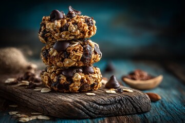 Fototapeta premium Delicious and healthy chocolate chip oat cookies stacked on a rustic wooden board