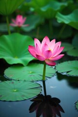 Obraz premium Serene pink lotus flower blossoms emerge from calm water, surrounded by lush green lily pads Perfect for spa, meditation, tranquility, and nature themes , lily pads, vibrant, lake