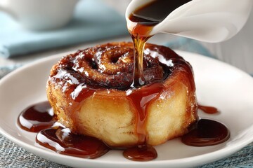 Warm cinnamon roll drizzled with sweet caramel sauce on a white plate in a cozy kitchen setting