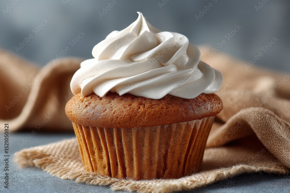 Poster delicious cupcake topped with creamy frosting on a rustic burlap background
