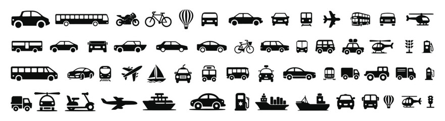 Transportation, vehicle icon set. Vector glyph pictograms of travel, logistics, public transit concepts, car, train, bus, bicycle, boat, and airplane black silhouette vector