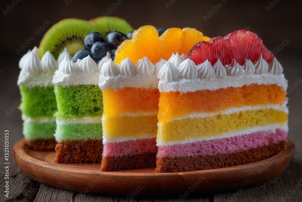 Poster vibrant layered fruit cake displayed on a wooden plate with assorted fruit toppings at a dessert tab