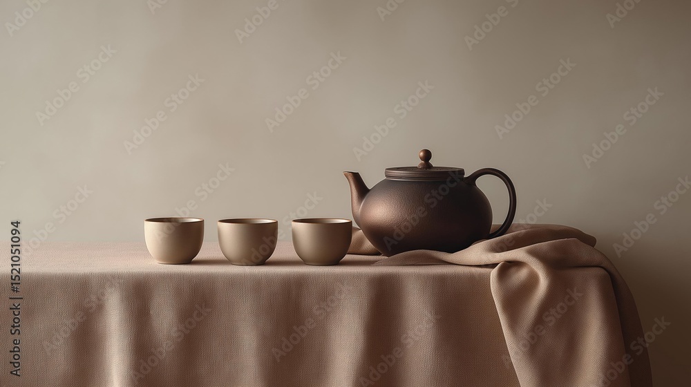 Poster table with a beige tablecloth draped over it. on the table, there is a brown teapot with a lid and a