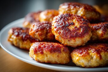 Delicious golden-brown meat patties served on a white plate, perfect for a hearty meal or snack any time of day