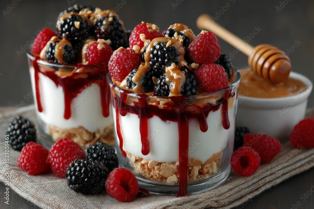 Poster Sweet berry parfaits topped with peanut butter and honey displayed on a rustic table with fresh raspberries
