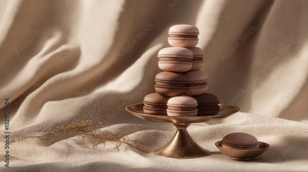 Poster stack of macarons on a gold cake stand. the cake stand is placed on a beige fabric background with a