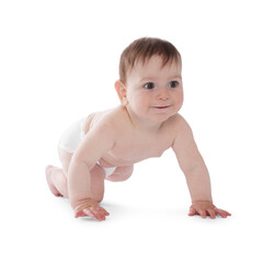 Cute little baby crawling on white background