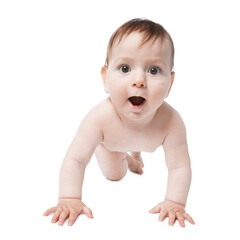 Cute little baby crawling on white background