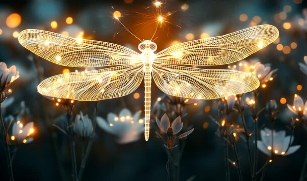 Ethereal glowing dragonfly hovering over luminous flowers in a magical garden at twilight
