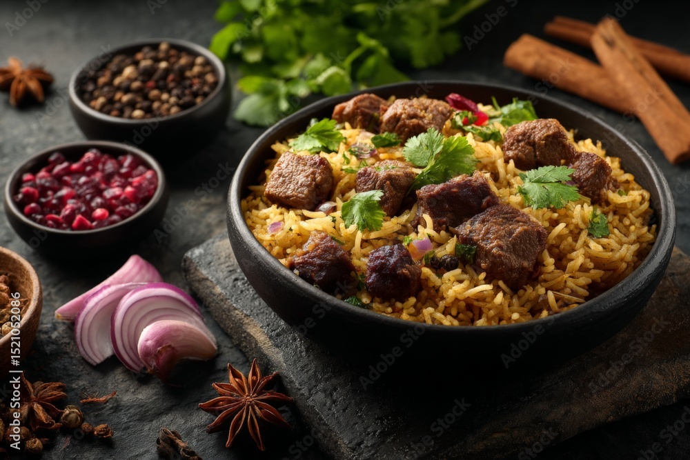 Poster delicious traditional biryani served with aromatic spices and fresh herbs in a rustic setting