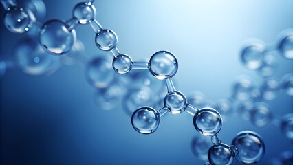 Floating Translucent Blue Molecular Structure with Glass-Like Spheres and Rod Connectors on a Soft Blue Background