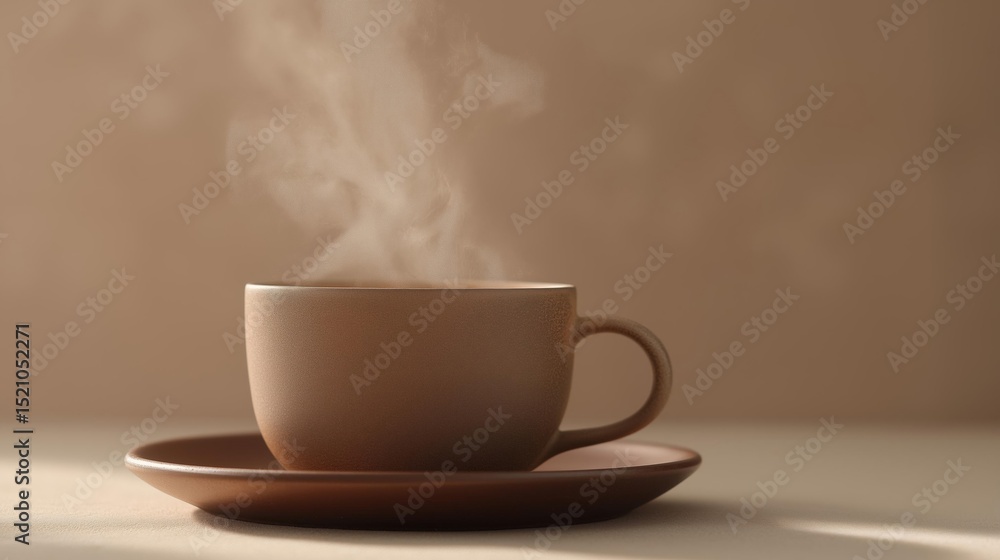 Poster brown coffee cup and saucer on a beige background. the cup is empty and has a handle on one side. th