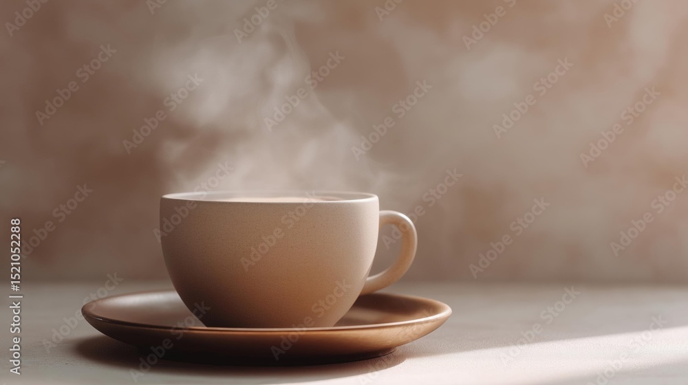 Poster beige-colored coffee cup and saucer on a light-colored surface. the cup is empty and has a handle on