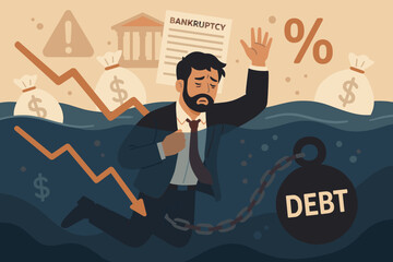 Entrepreneur's financial despair. Businessman drowning, chained to heavy debt. Bankruptcy looms, economic crisis, investment failure. Concept of business collapse, loan burden, market crash, stress.