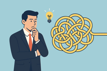 Concept of problem solving: Pensive businessman analyzing complex tangled path. Bright lightbulb signifies innovative idea for solution. Business strategy, challenge, untangling chaos. Vector.