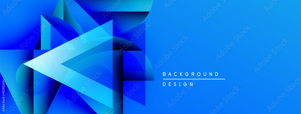 Poster Abstract blue geometric shapes create dynamic background. Modern design features gradients, triangles, clean lines. Text reads background design.