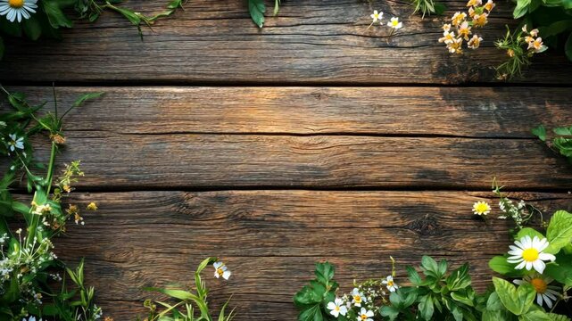 Rustic wooden planks framed by wildflowers