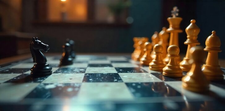 A chessboard with pieces strategically positioned, illustrating a calculated battle plan and tactical maneuvers in a game of wits , rooks, intelligence