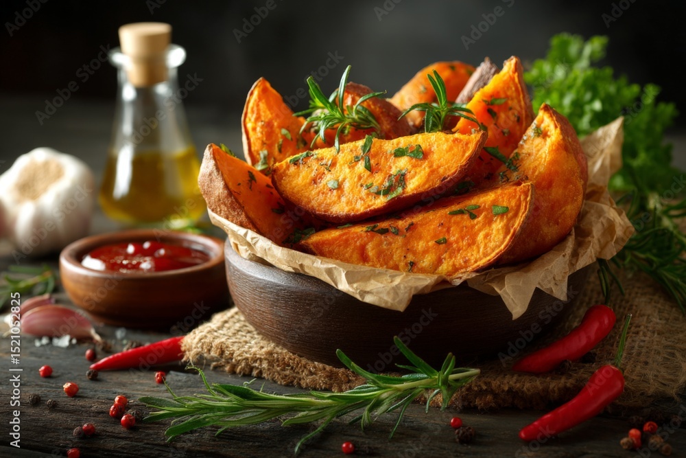 Poster sweet potato wedges served with herbs and spices in a rustic setting for a cozy dining experience