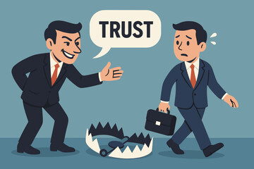 Deceptive Trust: Businessman Lured into Treacherous Trap by Smiling Conman. Business Risk, Deception, Betrayal Concept. Financial Pitfall, Economic Crisis, Danger Ahead.