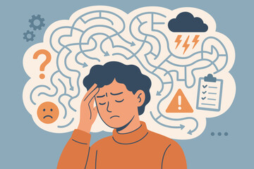 Chaotic mind labyrinth. Mental health issues. Stress, anxiety, confusion, depression, overthinking. Psychology, tangled thoughts, cognitive overload, burnout. Man with headache. Vector.