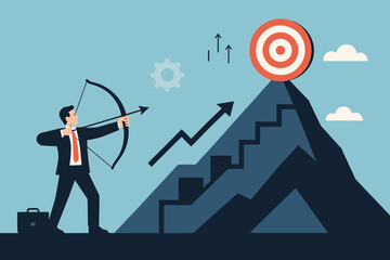 Businessman archer aiming at target on mountain, symbolizing overcoming challenges, achieving success, reaching goals, business strategy, ambition, growth, and financial achievement illustration