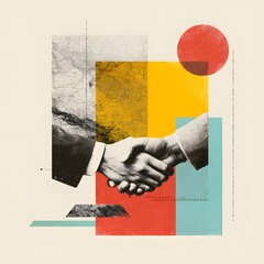 Colorful Pop Art Collage: Abstract Business Handshake Illustration, Modern Geometric Design