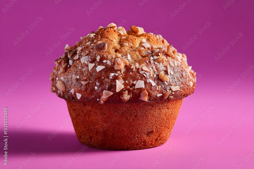 Poster muffin topped with crunchy nuts displayed against a vibrant pink background in a cozy bakery setting
