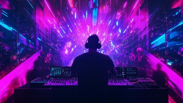 Electrifying Nightlife Experience, DJ Performance with Vibrant Visuals and Energetic Crowd