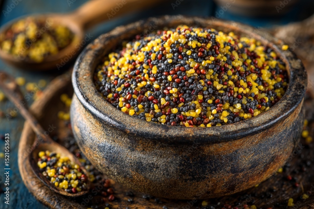 Poster colorful spices arranged in a bowl for culinary preparation on a rustic wooden table