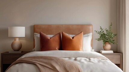 Modern bedroom with a large bed in the center. the bed has a beige headboard and white sheets. on either side of the bed, there are wooden nightstands with a lamp and a potted plant on top.