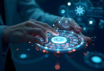 Finger Touching Futuristic Circular Digital Interface