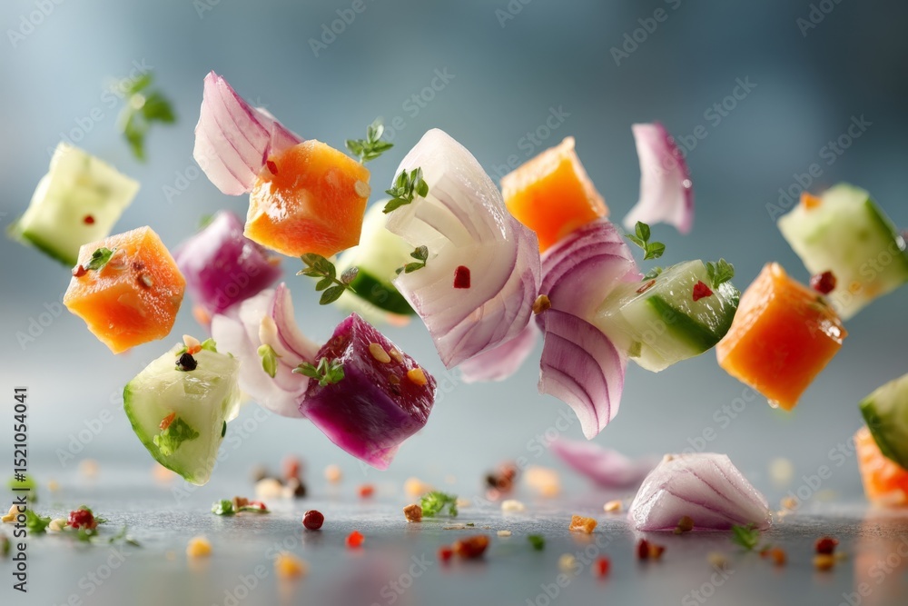 Aufkleber colorful vegetables and herbs floating in the air create a vibrant culinary display in a kitchen set