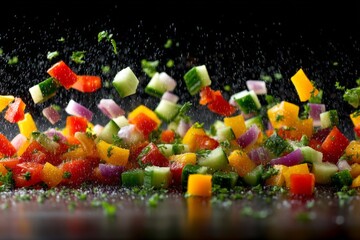 Colorful diced vegetables flying in the air surrounded by fresh herbs in a creative kitchen setting