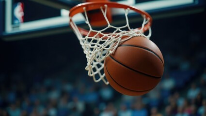 Basketball swishing through net in arena