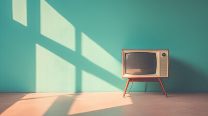 Classic retro TV displayed in front of a pastel vintage wall, perfect for themed visuals, retro backgrounds, and art direction.