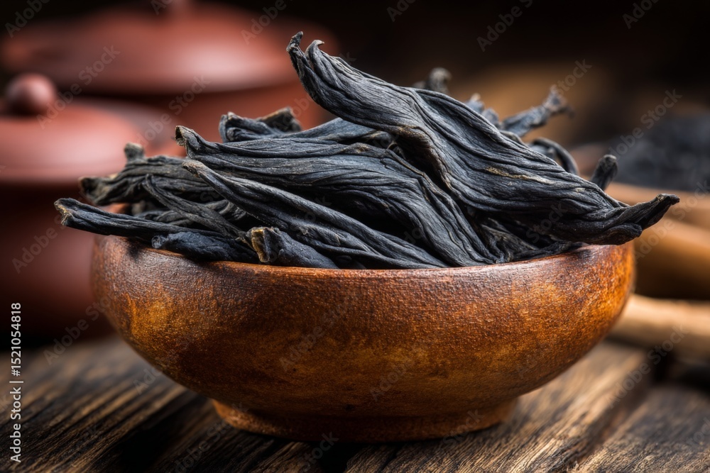 Poster dried vanilla beans displayed in a wooden bowl on a rustic table