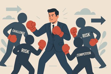 Determined businessman in boxing gloves fighting business challenges, risks, and competitors. Concept of overcoming obstacles, leadership, strategy, and resilience in corporate world.