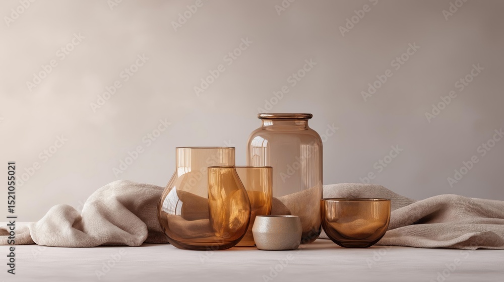 Poster collection of decorative items arranged on a white surface. there are three glass vases in different
