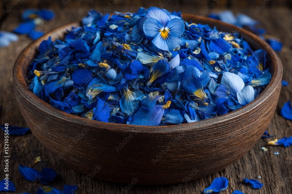 Poster blue flower petals arranged in a wooden bowl on a rustic wooden table creating an elegant natural di
