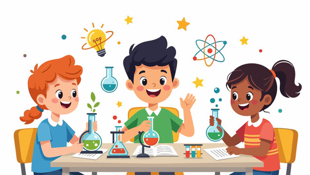 Cheerful kids are conducting science experiments at a table, surrounded by lab equipment and scientific symbols, with a lightbulb representing ideas. Vector illustration