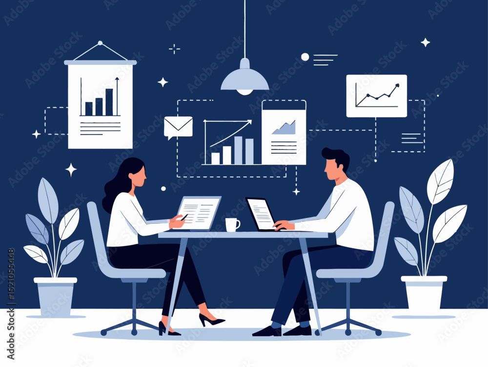 Aufkleber a vector illustration of two people working together at a table with laptops, surrounded by charts a