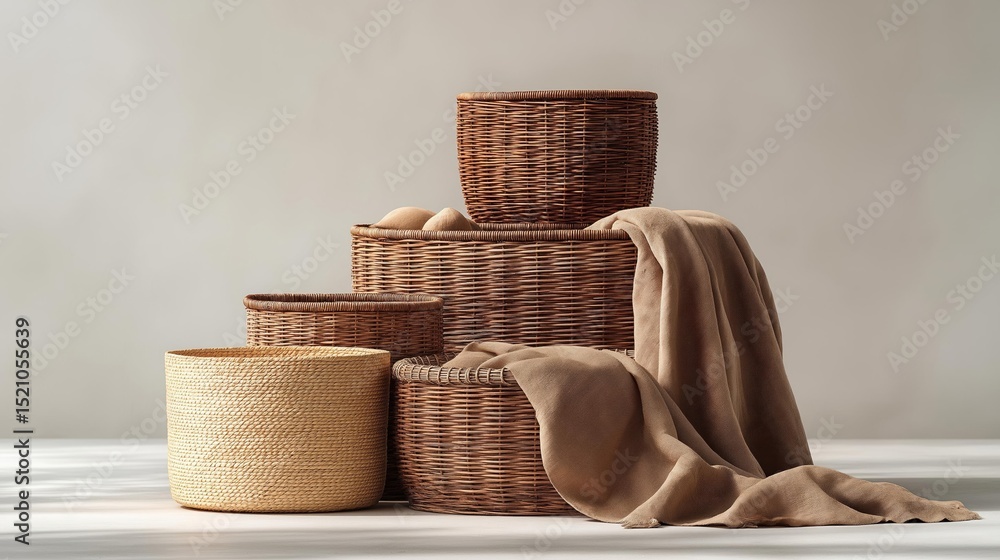 Poster group of wicker baskets stacked on top of each other on a white surface. there are three baskets in 