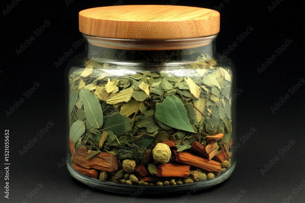 Poster glass jar filled with assorted dried herbs and spices displayed against a dark background