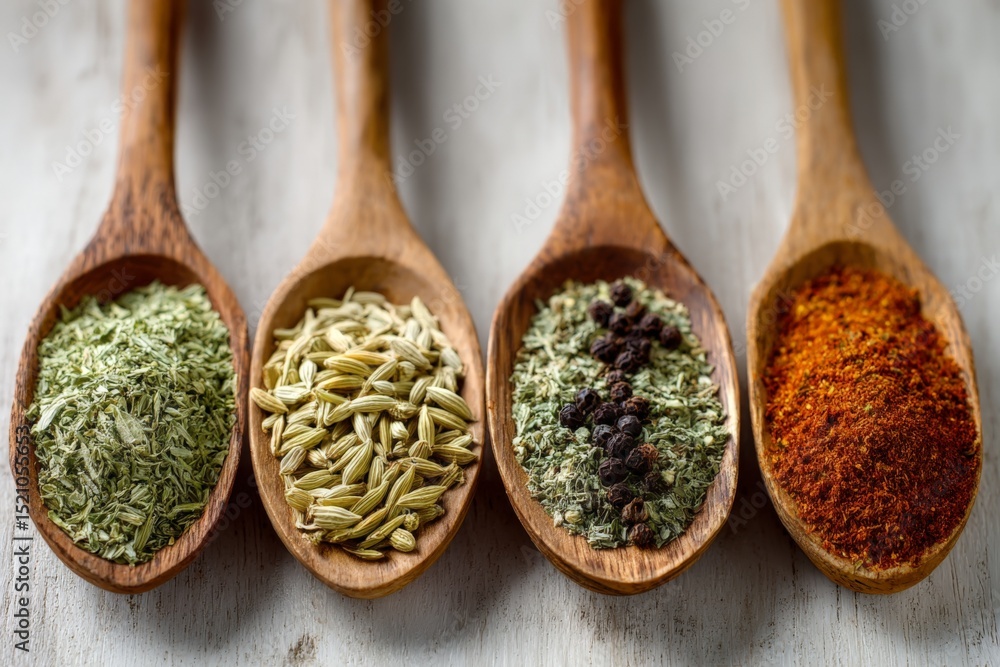 Poster various spices in wooden spoons arranged on a rustic wooden surface showcasing vibrant colors and te