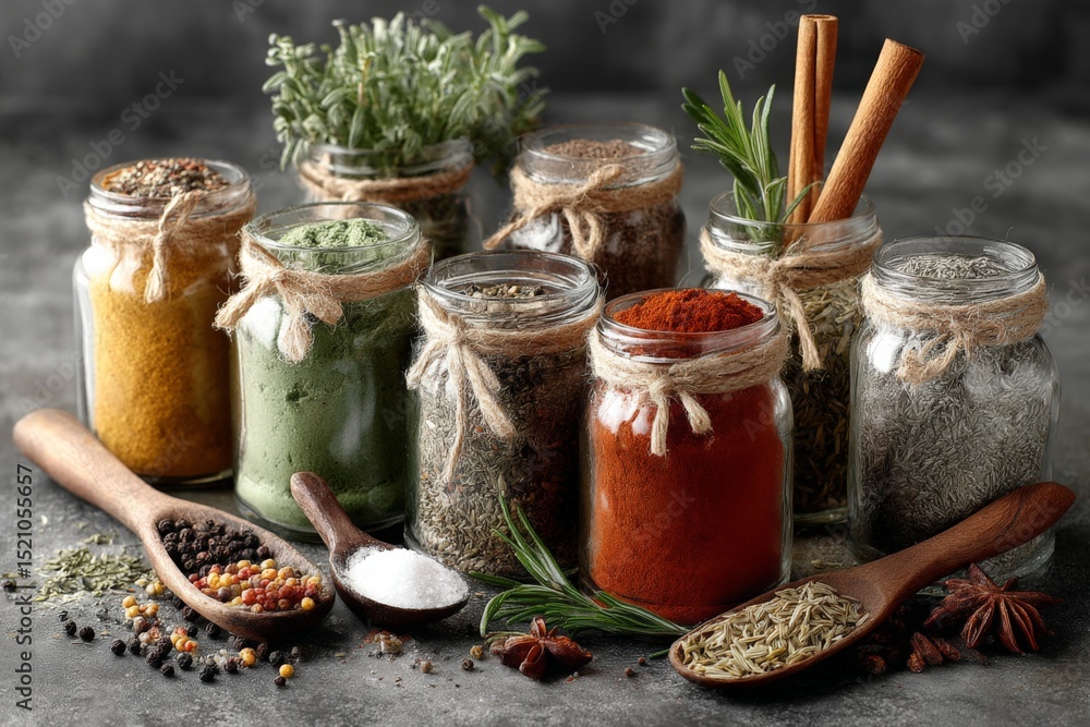 Aufkleber colorful assortment of spices and herbs displayed in jars with wooden spoons on a textured surface i