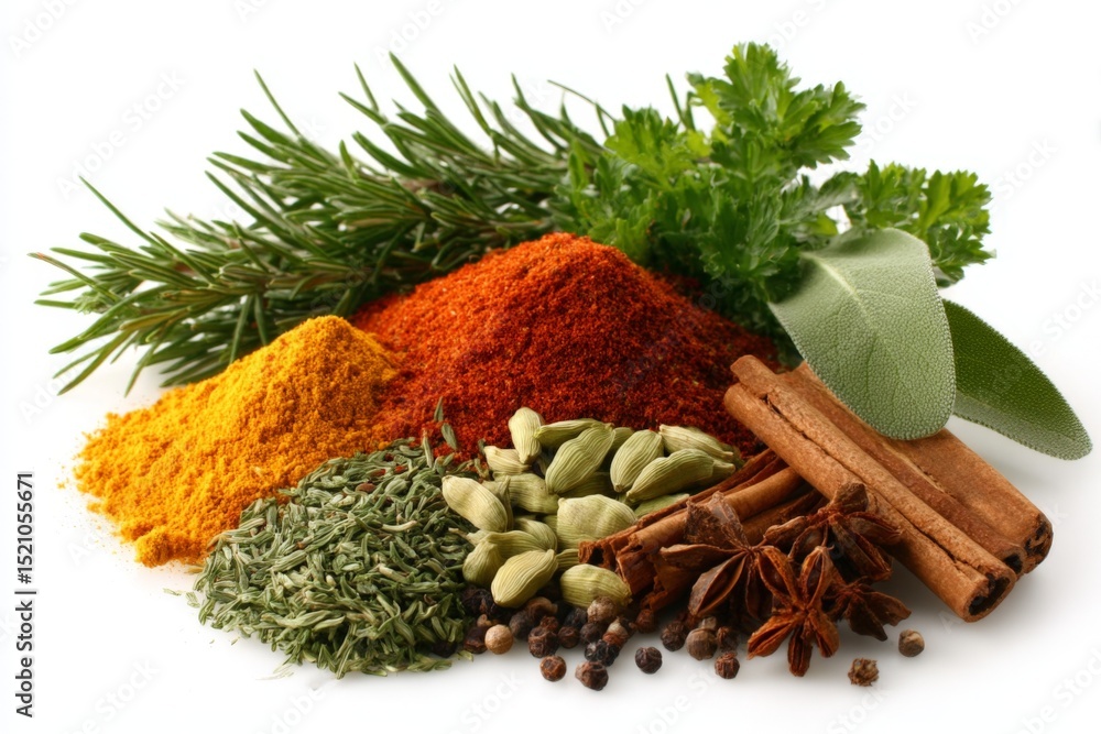 Poster colorful assortment of spices and herbs arranged creatively on a white background showcasing the var