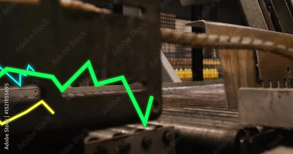 Poster camera tilting revealing robotic gripper above rollers, neon graph lines pulsing, tracking metrics