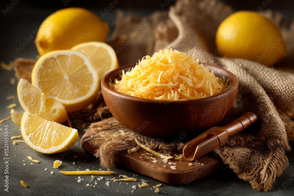 Poster Grated cheese and lemon slices on wooden table with fabric draping around them in a cozy kitchen setting